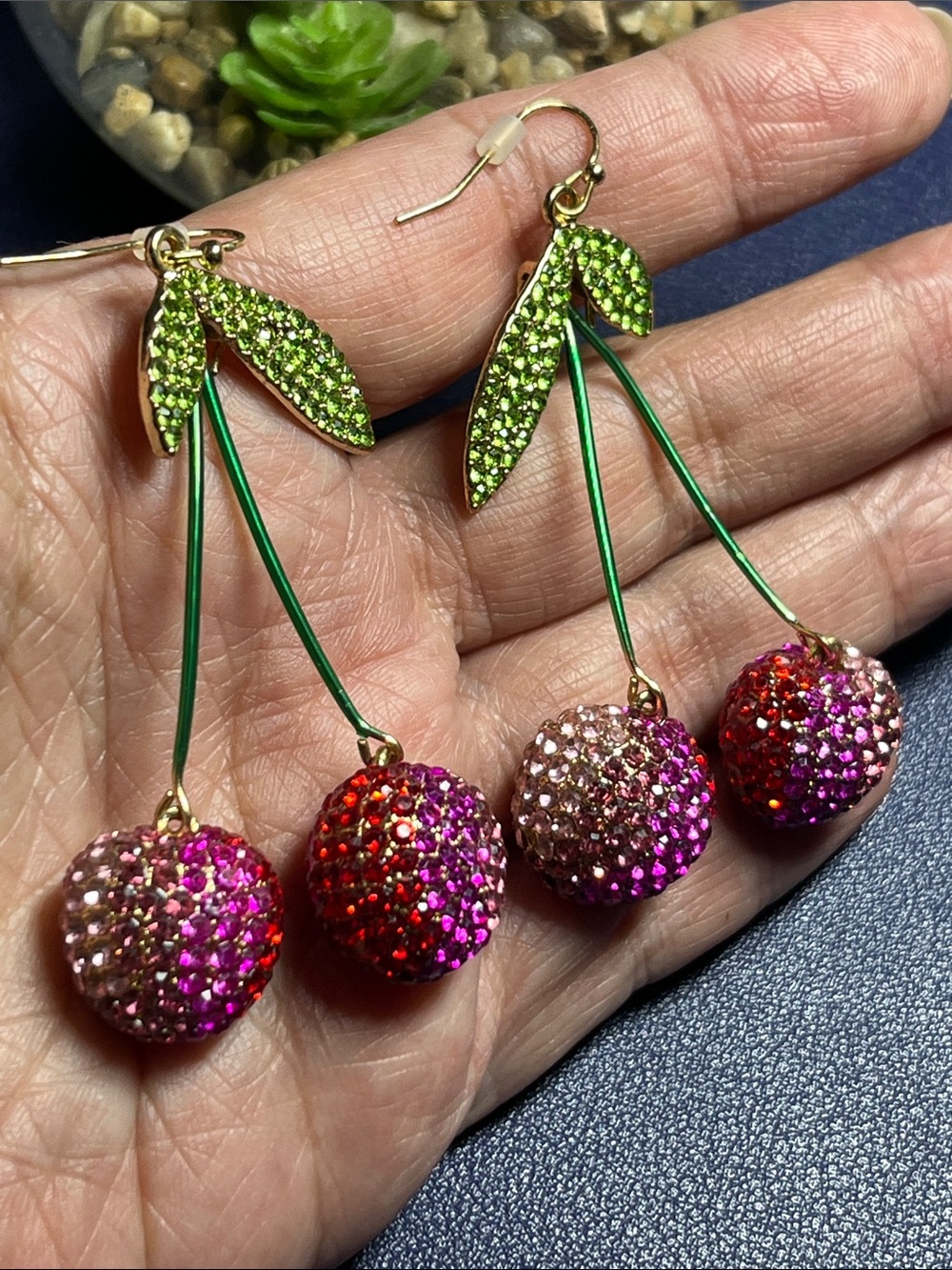 Piper K rhinestone and glass stone cherry drop earrings